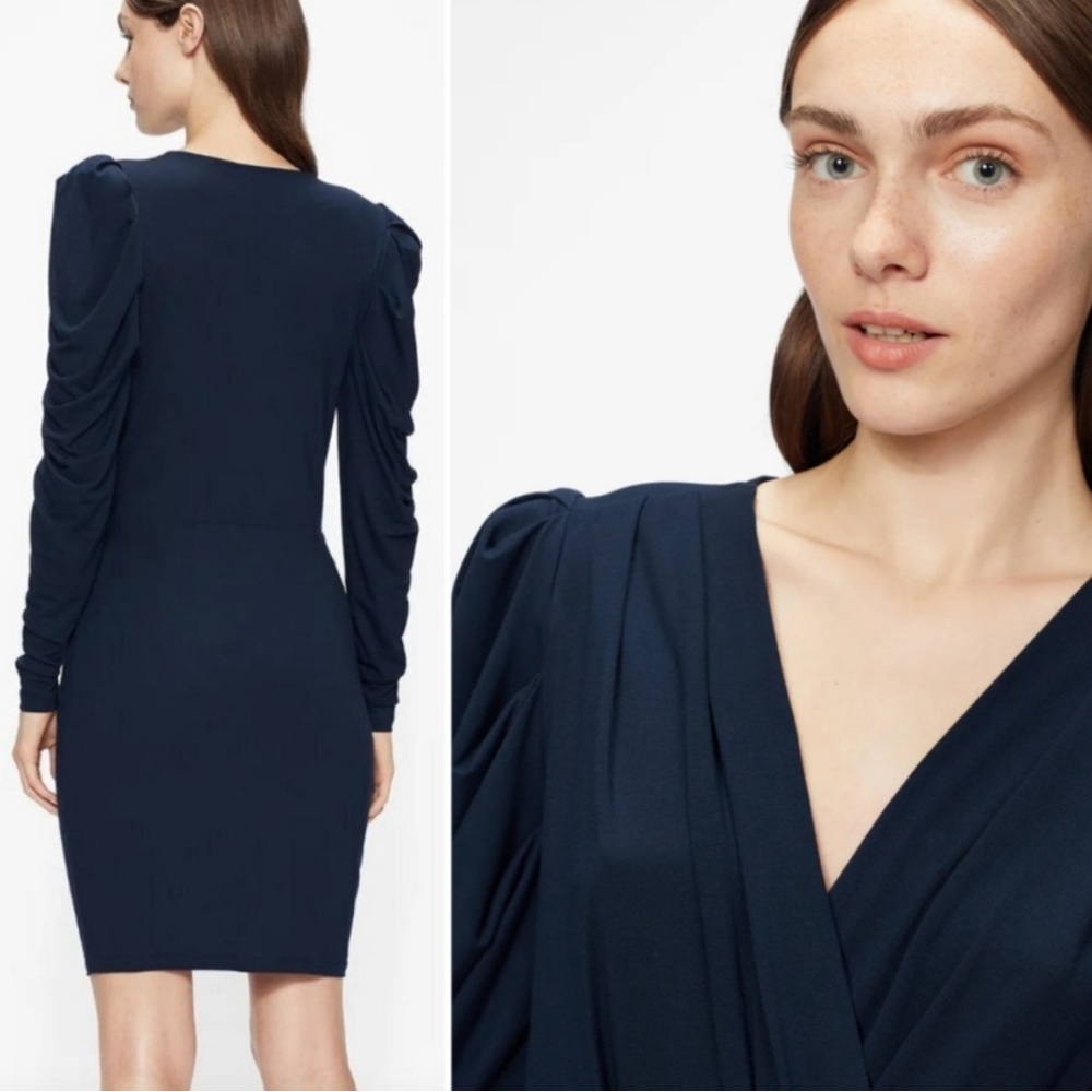 Ted Baker Elvasi‎ Long Puff Sleeve Faux Wrap Dress Navy Blue US 6 (TB 2)